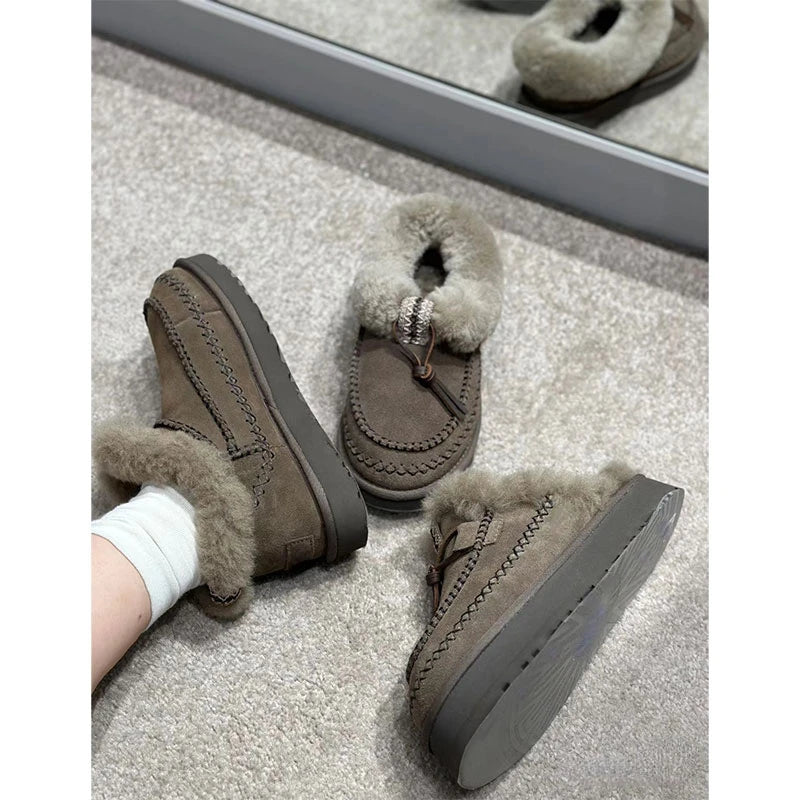 Genuine natural fur bare boots 2025 new winter flat wool shoes thick bottom lace decorative casual half drag Baotou drag