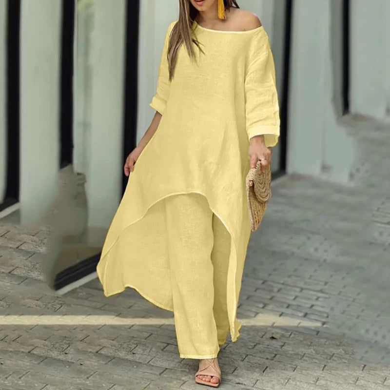 2023 Women Spring Summer O-neck Long Sleeve Irregular Solid Top And Wide Leg Trousers Two Piece Sets Fashion Elegant Female Suit