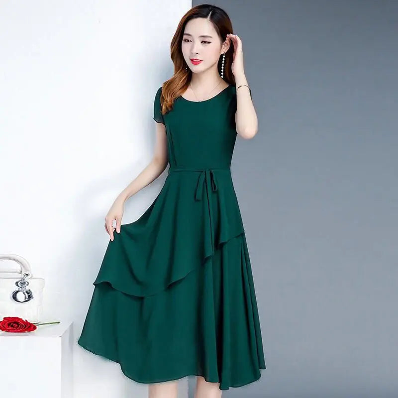 High Street Chiffon Fashion Pullover Dresses O-Neck Empire Solid Women's Clothing 2022 New Popularity Spring Autumn Silky Trend