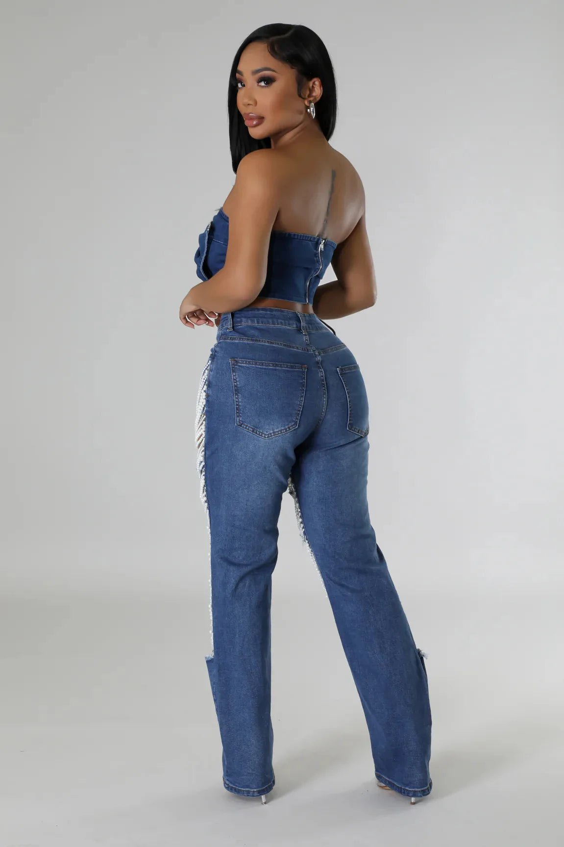 Ripped Jeans for Women Straight Pants Diamonds Chain Stretch Distressed High Waist Floor Length 2025 Streetwear Denim Trousers