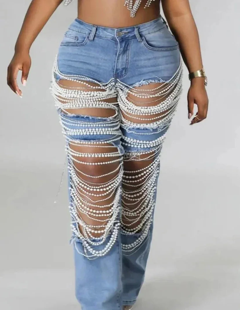 Ripped Jeans for Women Straight Pants Diamonds Chain Stretch Distressed High Waist Floor Length 2025 Streetwear Denim Trousers