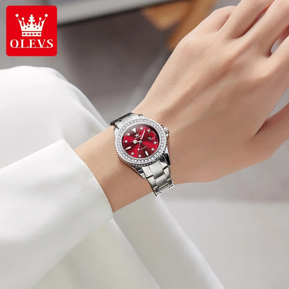 OLEVS Luxury Fashion Women's Watches Diamond Dial Luminous Quartz Watch Elegant Date Stainless Steel Original Brand Wrist Watch