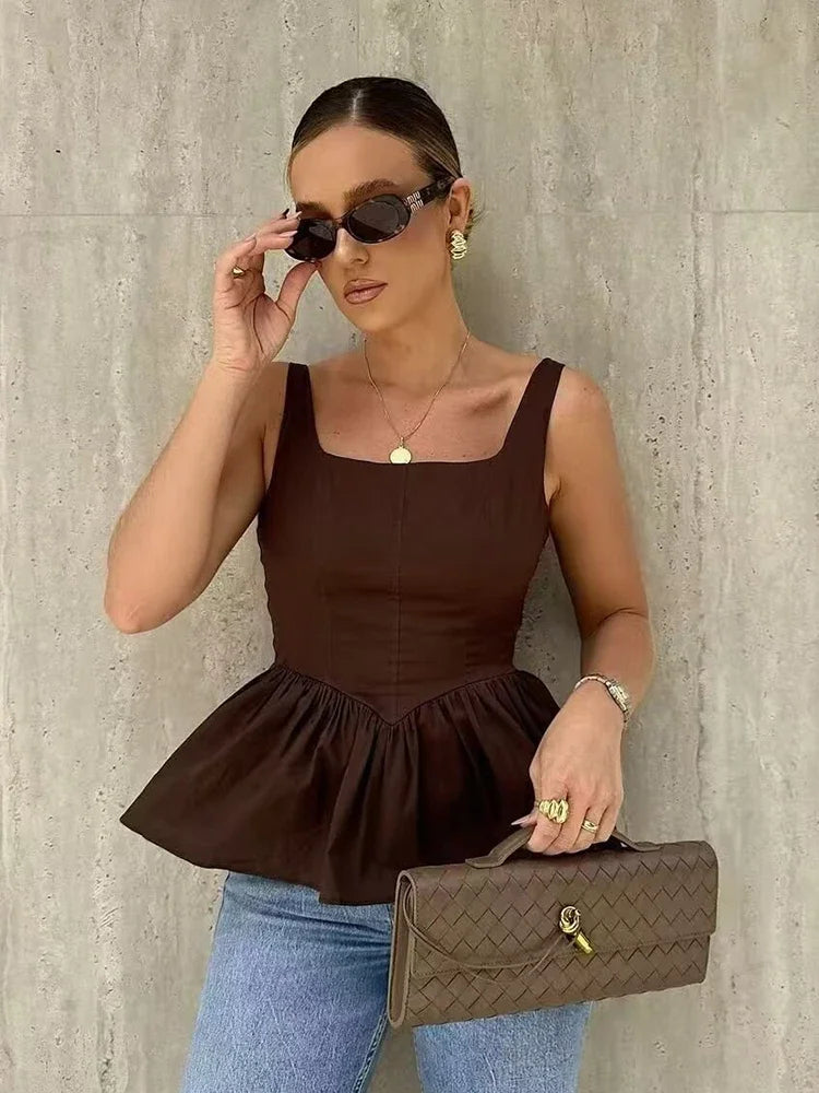 Chicheca Pelpum Summer Women Tops 2025 Office Lady Brown Elegant Tank Top Sleeveless New in Camis