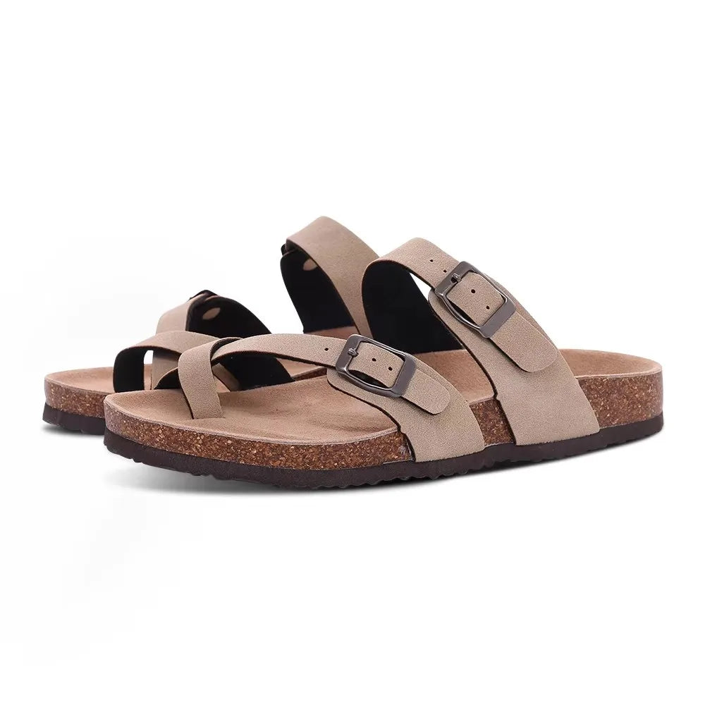 Pallene New Summer Women's Slippers With Arch Support Slip-On Outdoor Slides Cork Footbed Sandals With Adjustable Double Buckle