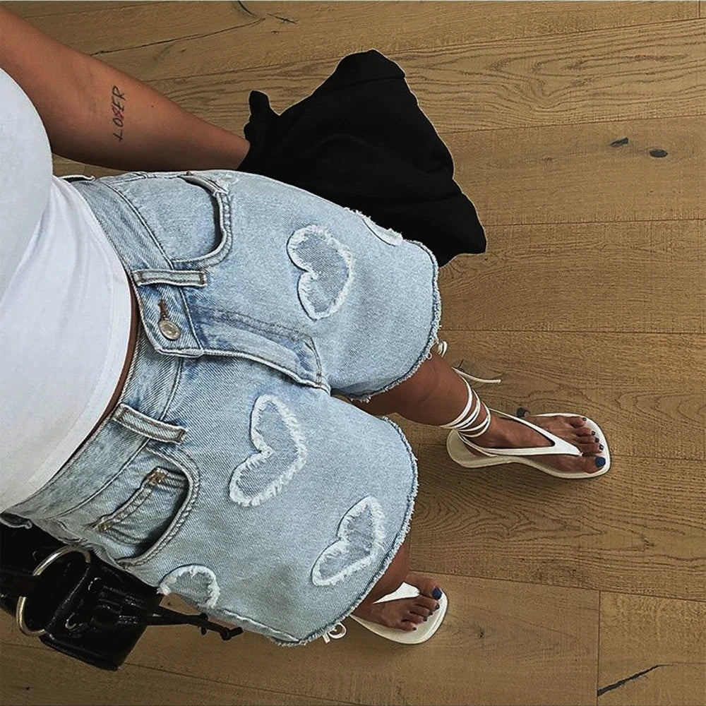 Korean Summer Y2K High Waist Jorts LOVE Heart Shaped Pattern Women's Denim Shorts Casual Jeans Chic Straight Washed Hot Pants