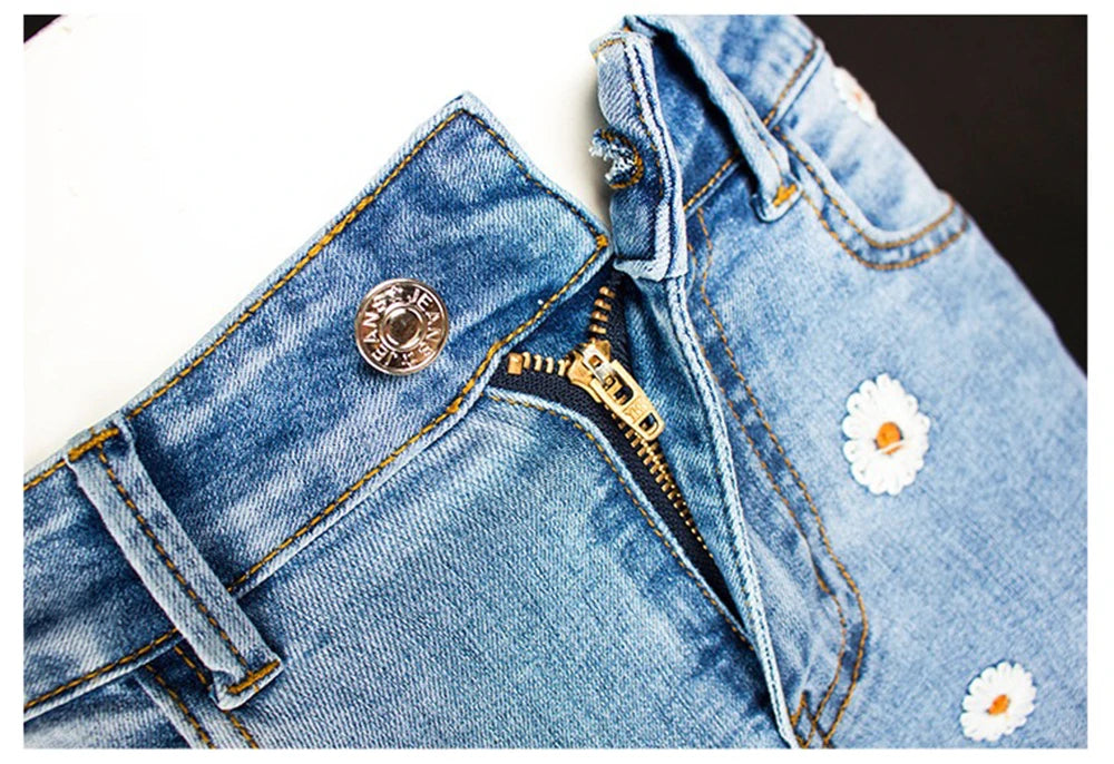 Women's Denim Bell Bottoms High Waist Tight Elastic Long Legs Daisy Embroidered Printed Spicy Girl Slim Straight Jeans UDUE