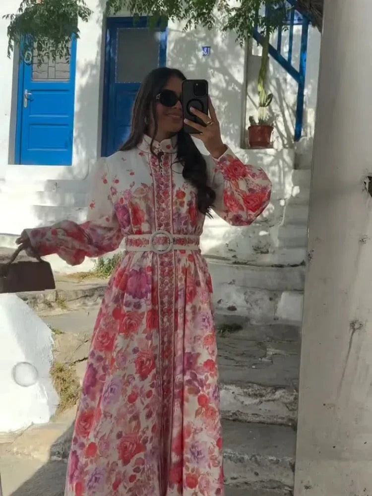 Chic Printed Stand Collar Single Breasted Dress Women Elegant Long Sleeve High Waist Dresses Female Summer Holiday Casual Robe