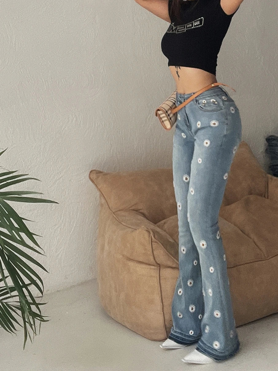 Women's Denim Bell Bottoms High Waist Tight Elastic Long Legs Daisy Embroidered Printed Spicy Girl Slim Straight Jeans UDUE