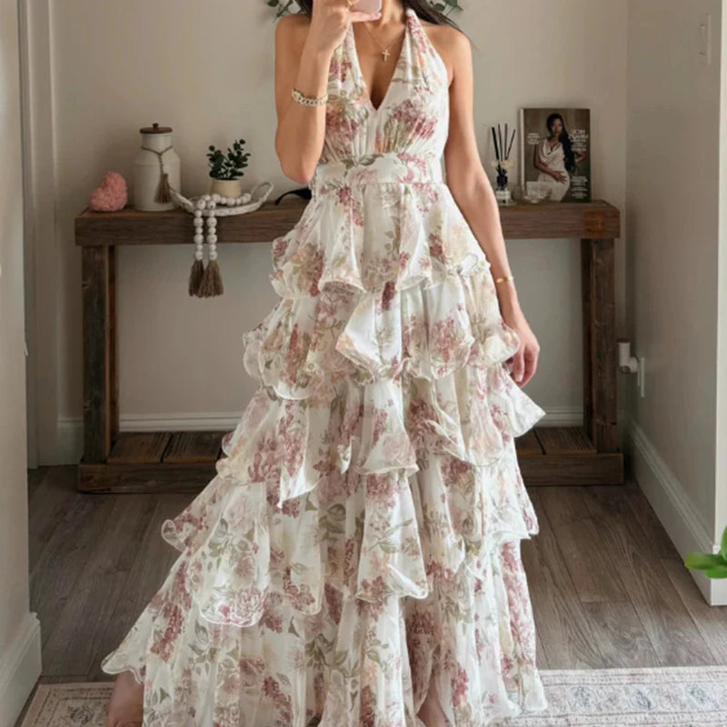 Summer New Floral Printed Halter Dress Sexy Deep V Sleeveless Backless Evening Dresses Temperament High Waisted Lace Up Dresses