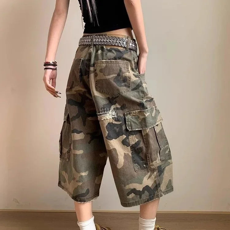 Plus Size American Style Distressed Patch Straight Leg Camouflage Seven-Foot Women's Jeans Casual Loose Slimming Shorts