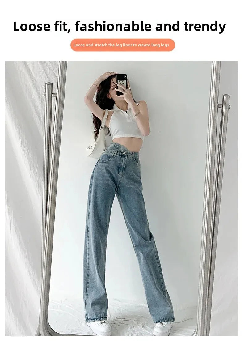 Design Sensibility High-Waisted Slimming Jeans Loose-Fit Straight-Leg Women's Korean Style Tie-Detail Wide-Leg Casual Trousers