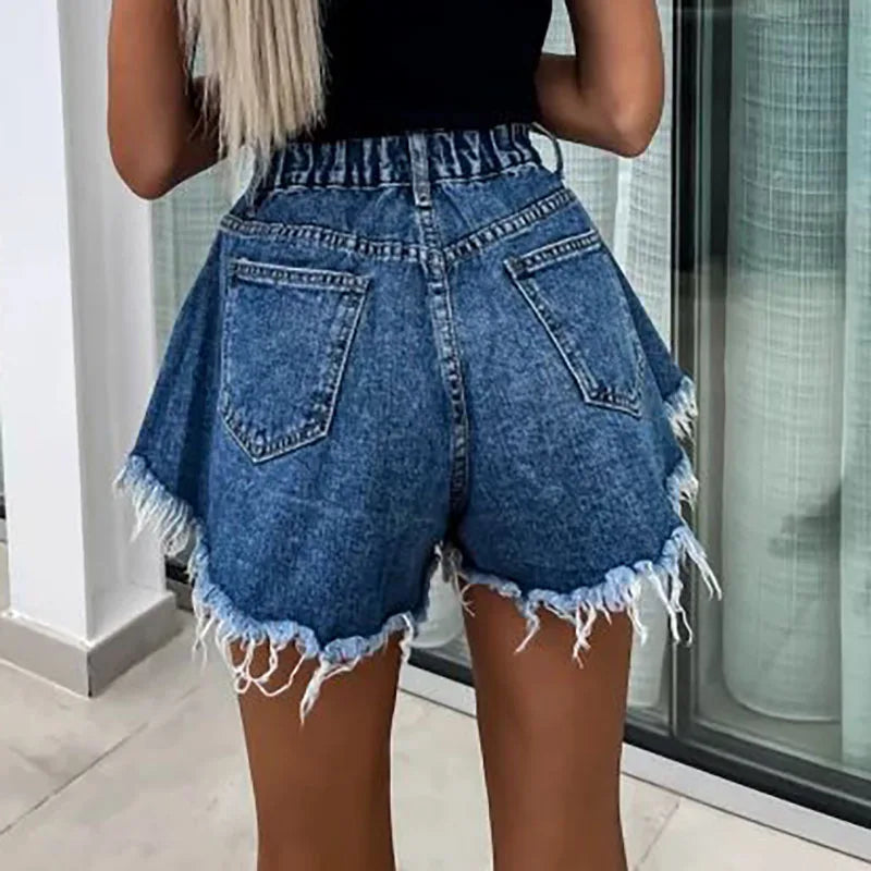 Chic Sexy High Waist Button Jean Shorts Y2K Woman Spring Solid Tassel Denim Shorts Summer Pocket Streetwear Wide Leg Short Pants