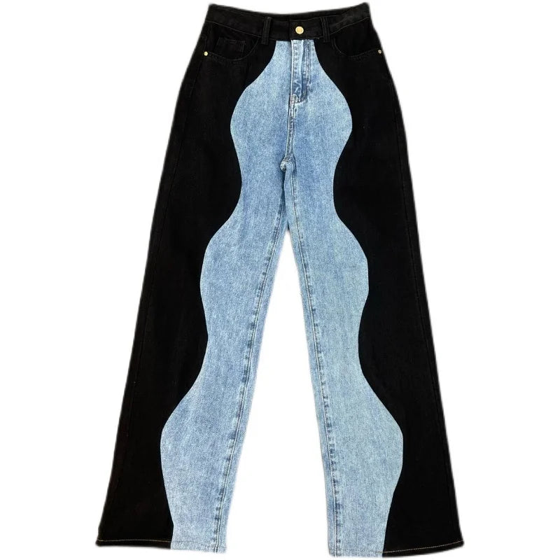 PREPOMP 2022 Summer New Arrivals Blue Denim Patchwork Long Pants Women Full Length Jeans Streetwear GF672