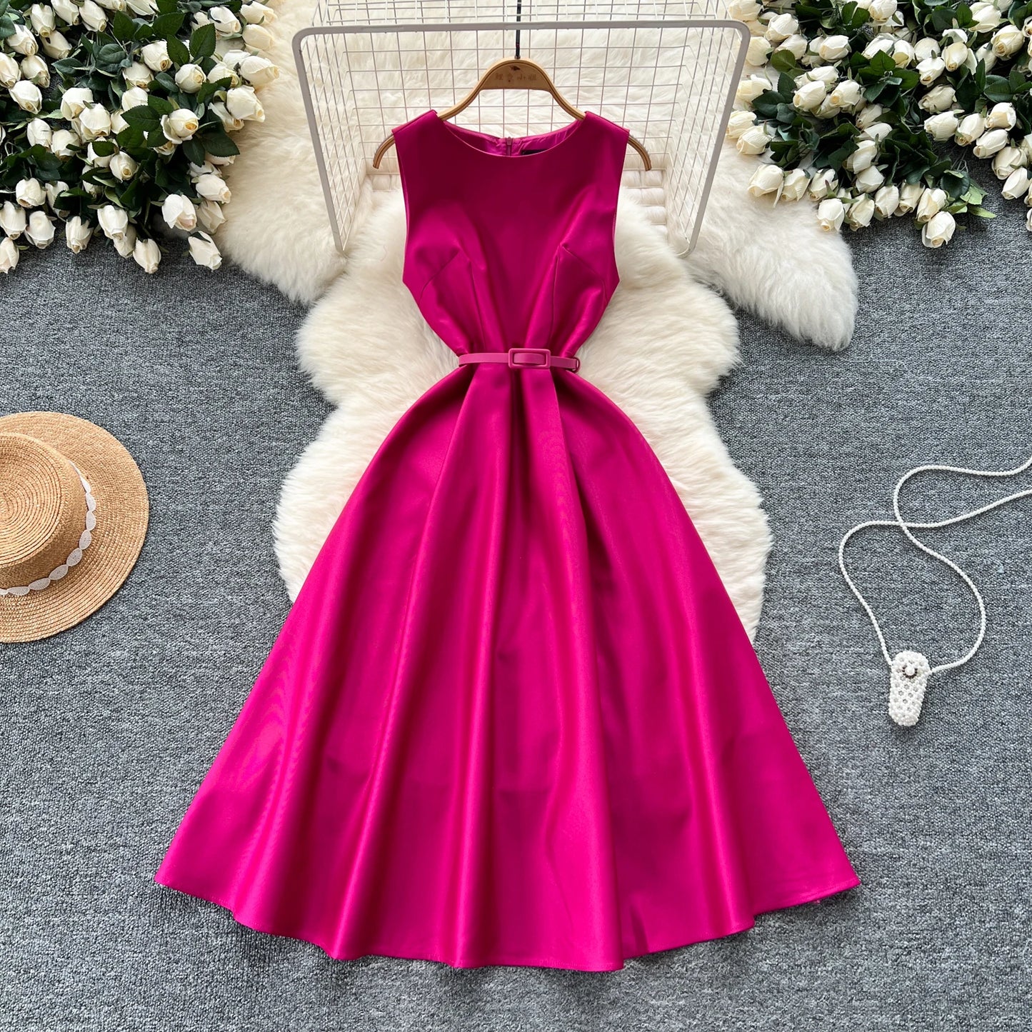 Chic O-Neck Vintage sleeveless Elegant evening dress High Waist Korean Fashion Vestidos women clothing