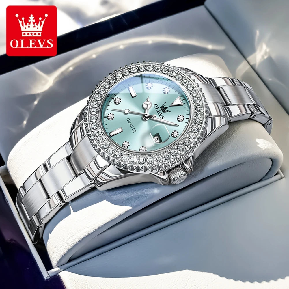 OLEVS Luxury Fashion Women's Watches Diamond Dial Luminous Quartz Watch Elegant Date Stainless Steel Original Brand Wrist Watch