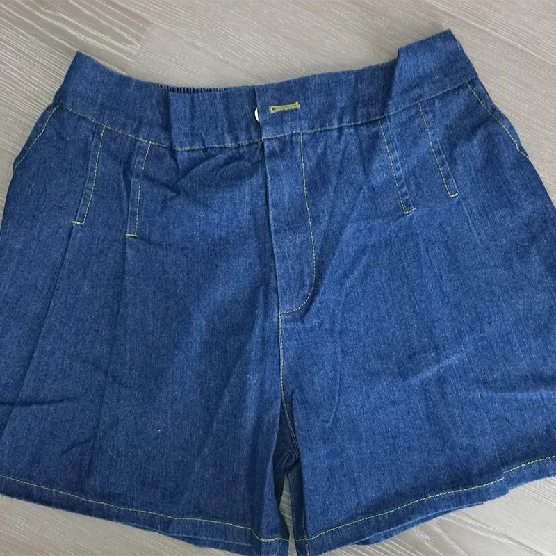 DFRCAEG 2024 Summer Plus Size Denim Shorts For Women High Elastic Waist Blue Or Sky Blue Pleated Mini Large Size Short Femme