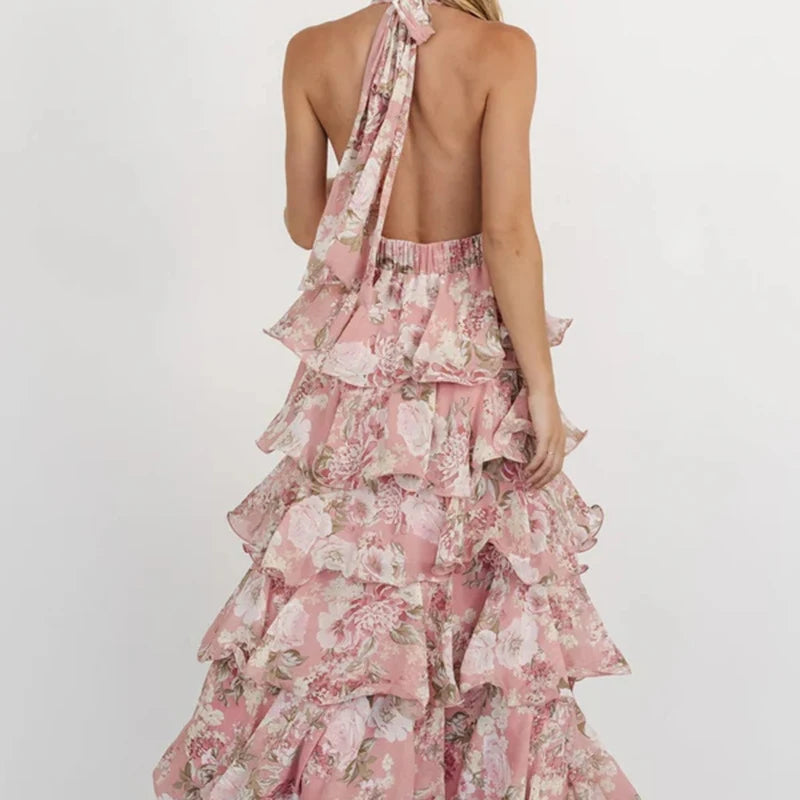 Summer New Floral Printed Halter Dress Sexy Deep V Sleeveless Backless Evening Dresses Temperament High Waisted Lace Up Dresses