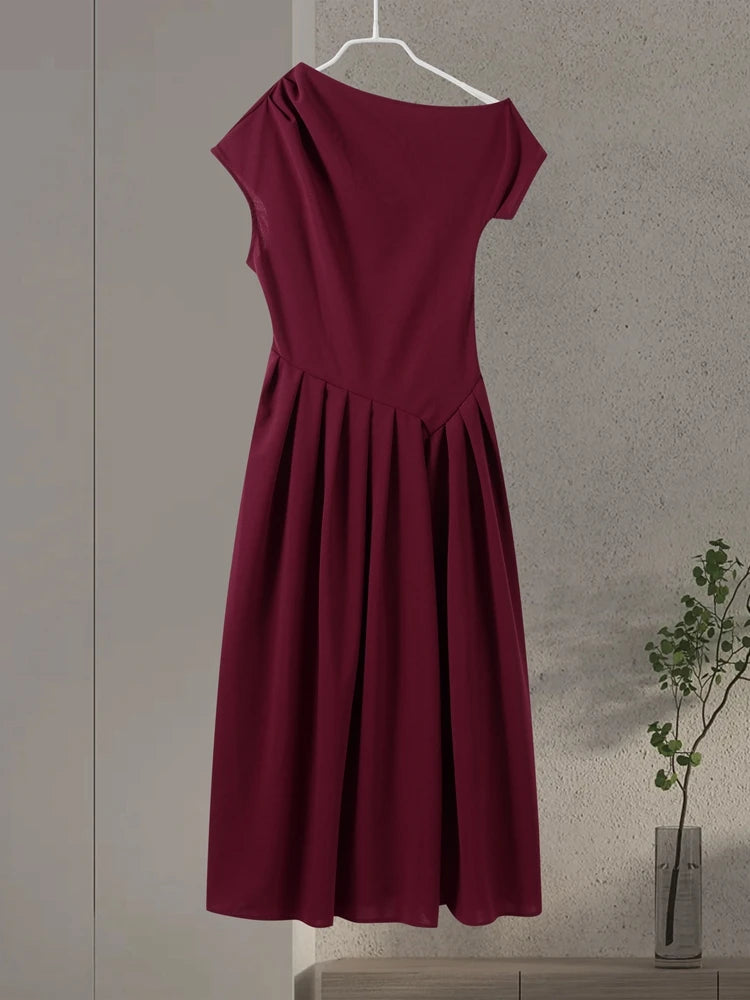 Elegant Long Dress Women Loose Skew Collar Sleeveless A Line Robe Female 2025 Spring Summer Solid Fashion High Waist Dress Lady