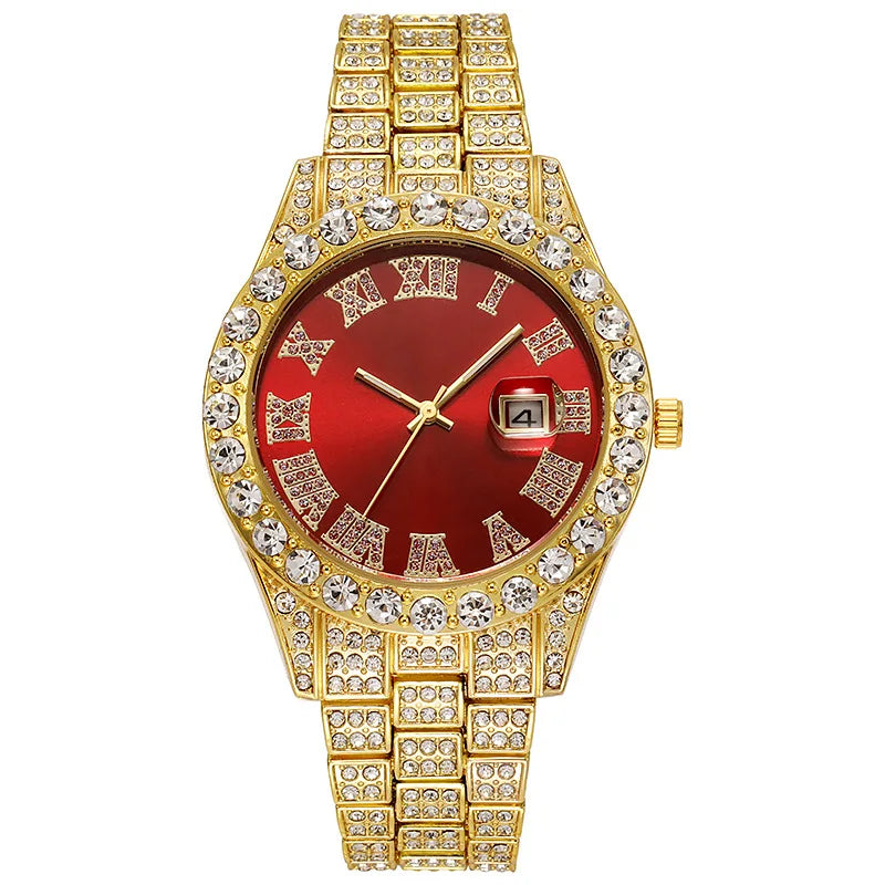 Luxury Classic Golden Men's Steel Strap Roman Scale Rhinestone Calendar Quartz Watch Fashion Male Wristwatch Relogio Masculino