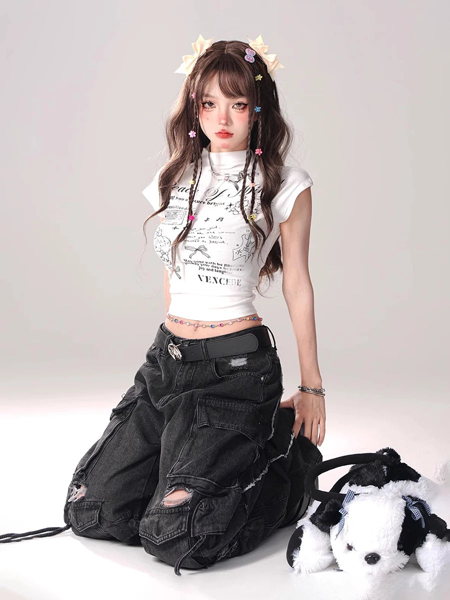 REDDACHiC Multi-pocket Destroyed Baggy Jeans Women Vintage Wash Black High Waist Wide Leg Cargo Pants Trousers Grunge Streetwear