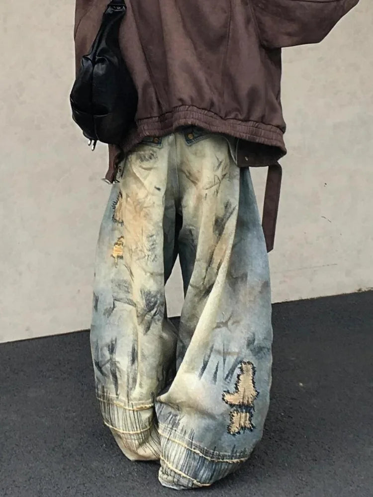 Casual Y2K Washed Retro Denim Trouser American Grunge Full Length Street Jean Women's Emo Pockets Hip-hop Baggy Mop Pants