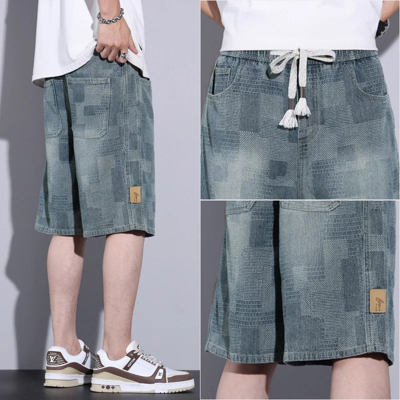 Casual Mens Clothing Baggy Denim Shorts Summer Fashion Starry Sky Pattern Elastic Waist Shorts Men Streetwear Short Jeans Korean