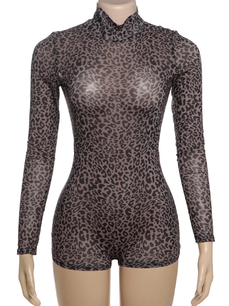 Weird Puss Leopard Print Romper Women See Through Sexy Full Sleeve Turtleneck Fall Fit Skinny Playsuit Stretch Midnight Clubwear