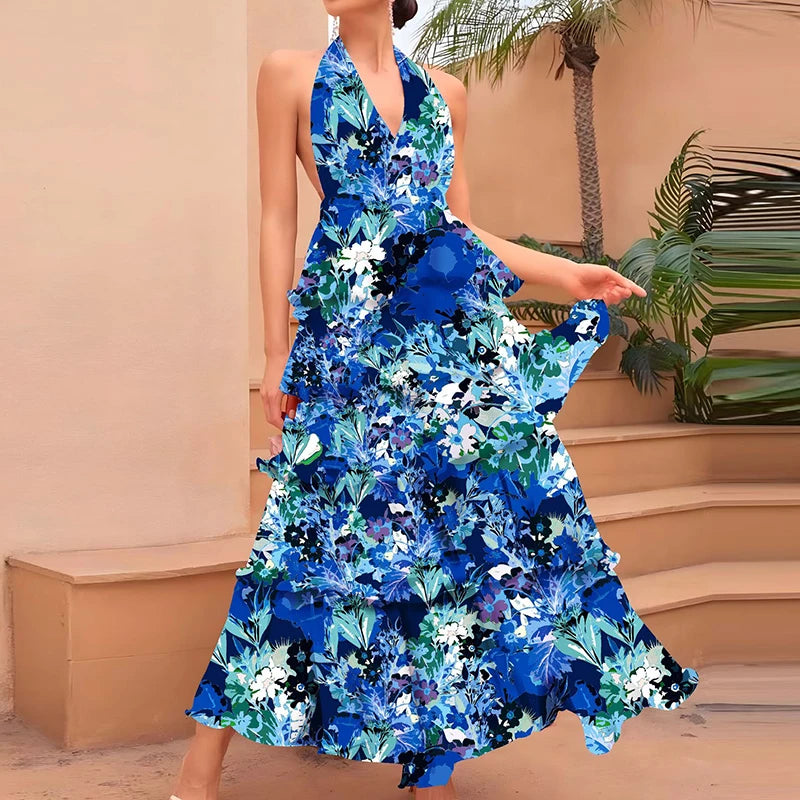 Summer New Floral Printed Halter Dress Sexy Deep V Sleeveless Backless Evening Dresses Temperament High Waisted Lace Up Dresses