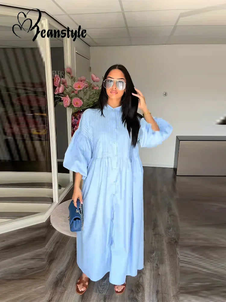 Loose Blue Single Breasted Long Dress Women Casual Full Puff Sleeve O-neck Pleated Patchwork Dresses 2025 Fashion Summer Robe
