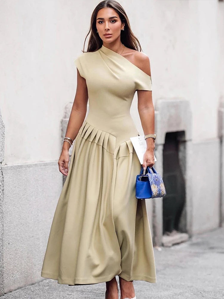 Elegant Long Dress Women Loose Skew Collar Sleeveless A Line Robe Female 2025 Spring Summer Solid Fashion High Waist Dress Lady