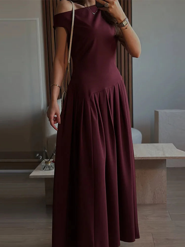 Elegant Long Dress Women Loose Skew Collar Sleeveless A Line Robe Female 2025 Spring Summer Solid Fashion High Waist Dress Lady