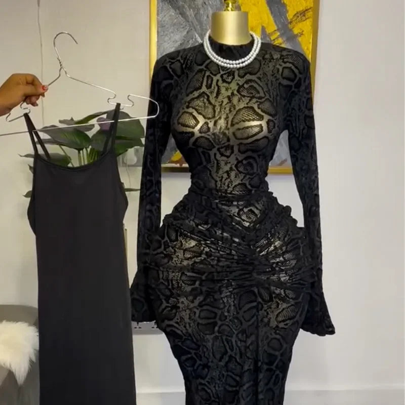 Women Full Sleeve Long Dress Lace Leopard See Through Ruched O-neck Evening Vestidos Sexy Party Maxi Dresses Vestidos
