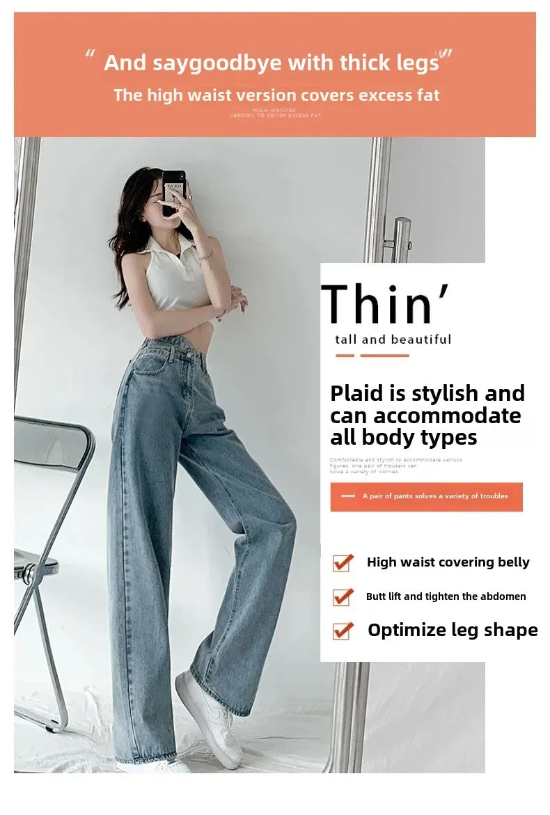 Design Sensibility High-Waisted Slimming Jeans Loose-Fit Straight-Leg Women's Korean Style Tie-Detail Wide-Leg Casual Trousers