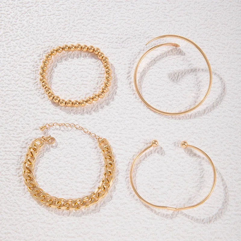 4pcs Punk Curb Cuban Chain Bracelets Set for Women Simple Thick Gold Color Charm Bracelets Fashion Jewelry Accessories New