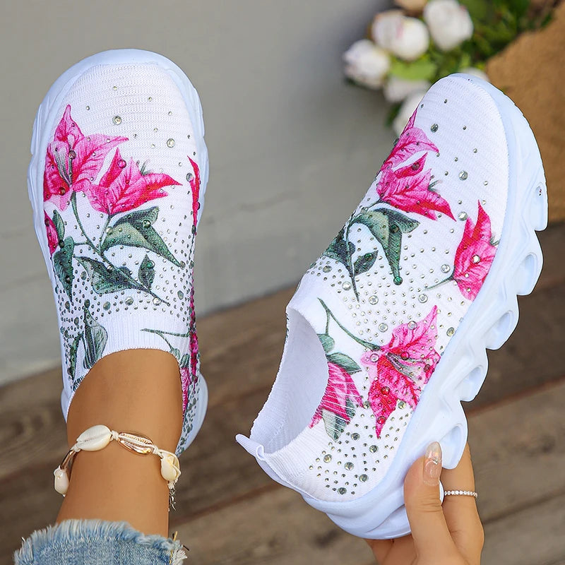 Flower Breathable Knitted Flats Women 2024 Autumn Comfort Soft Sole White Sneakers Woman Slip-On Flat Heels Platform Sport Shoes