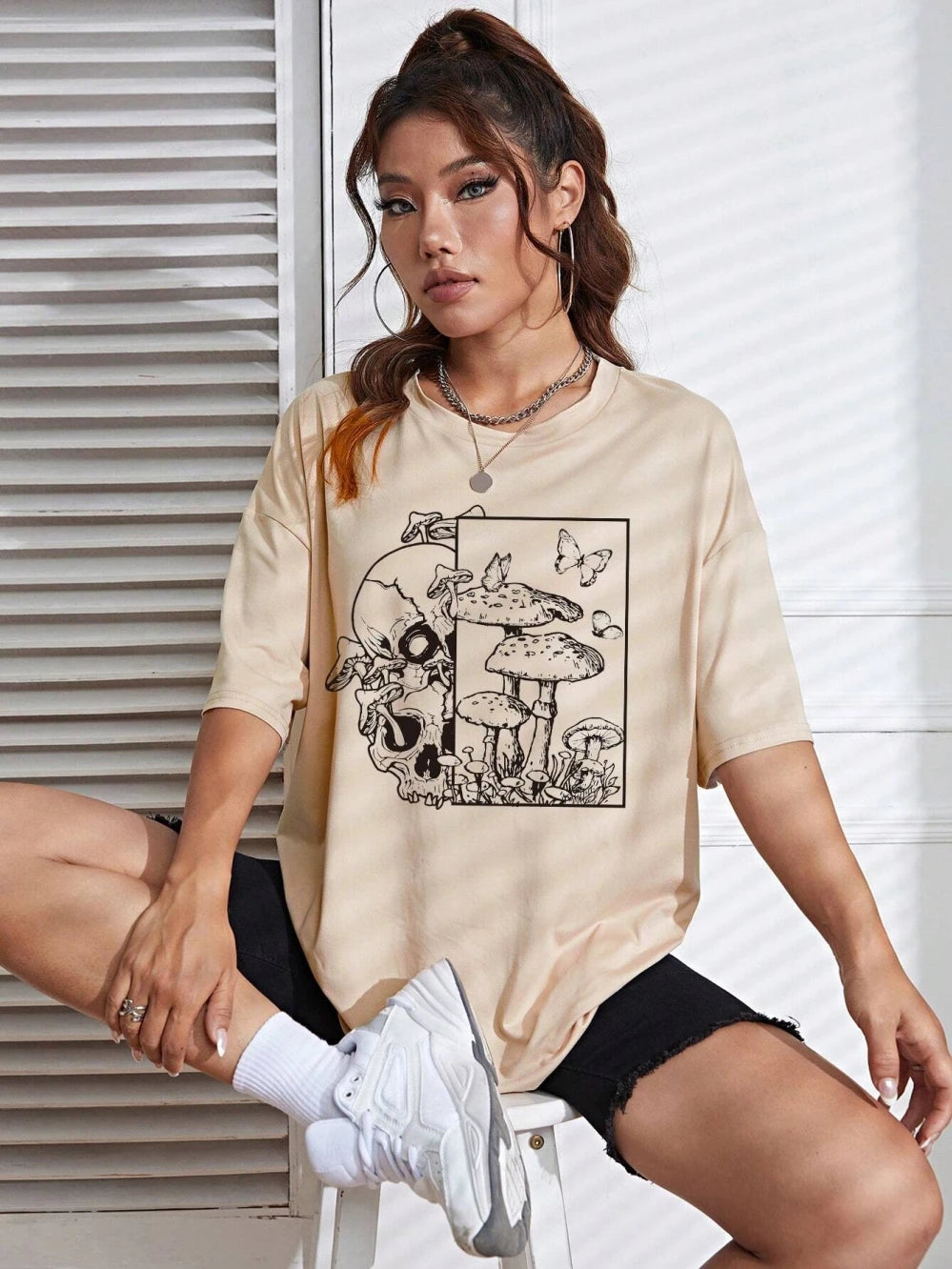 Poisonous Mushrooms Grow On Skulls Women T-Shirt Summer Fashion T Shirts Street Casual Tops Cotton Oversized Short Sleeve