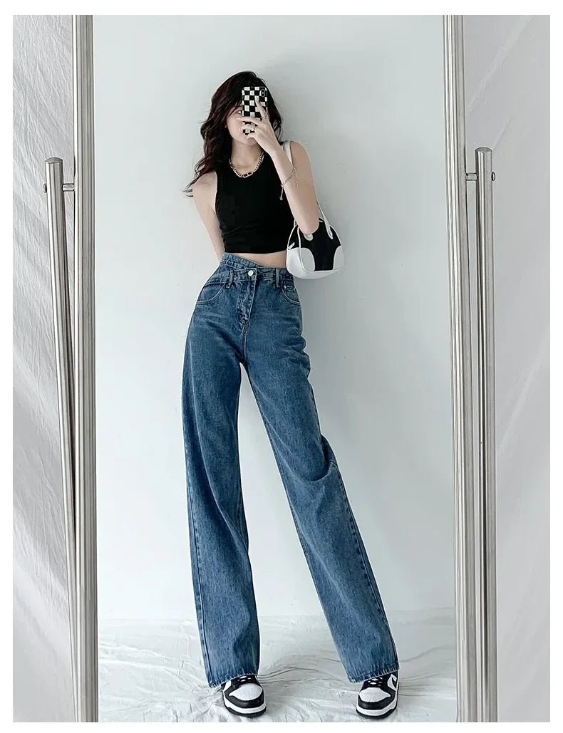 Design Sensibility High-Waisted Slimming Jeans Loose-Fit Straight-Leg Women's Korean Style Tie-Detail Wide-Leg Casual Trousers