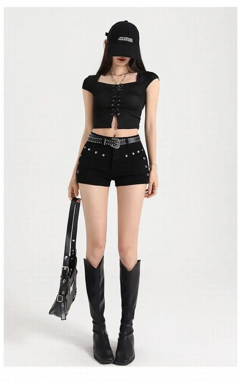 Summer Y2k Sexy Low Waist Mini Denim Shorts Women Vintage Korean Popular Girls Slight Strech Streetwear Gothic Rivet Black Jeans
