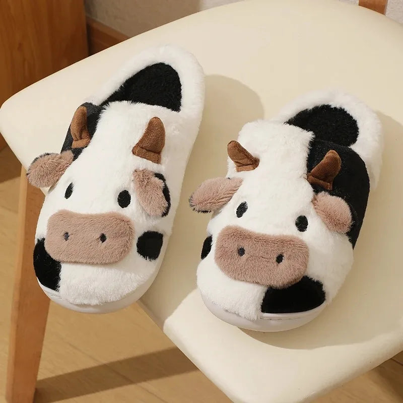 Winter Unisex Cartoon Cow Warm Plush Slippers Couple's Indoor Non-slip House Slides Men And Women Toe Wrap Home Cotton Shoes