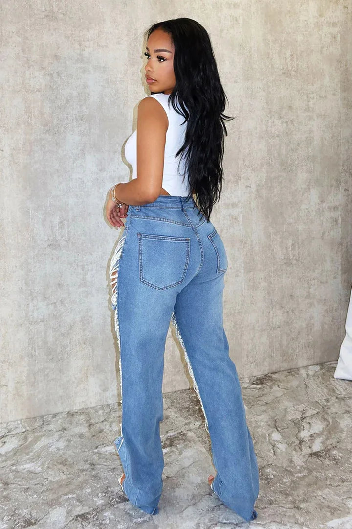 Ripped Jeans for Women Straight Pants Diamonds Chain Stretch Distressed High Waist Floor Length 2025 Streetwear Denim Trousers