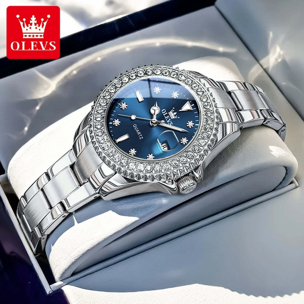 OLEVS Luxury Fashion Women's Watches Diamond Dial Luminous Quartz Watch Elegant Date Stainless Steel Original Brand Wrist Watch