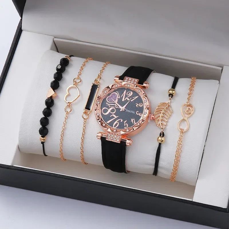 6PCS Set Watch For Women Luxury Leather Analog Ladies Quartz Wrist Watch Fashion Bracelet Watch Set Female Relogio Feminino