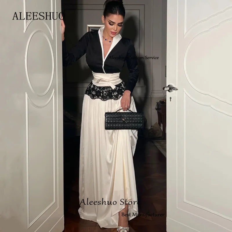 Aleeshuo Modern Satin Long Sleeve A-Line Prom Dresses Pleat Lace V-Neck Floor-Length Evening Dress Simple Black Gowns Customized