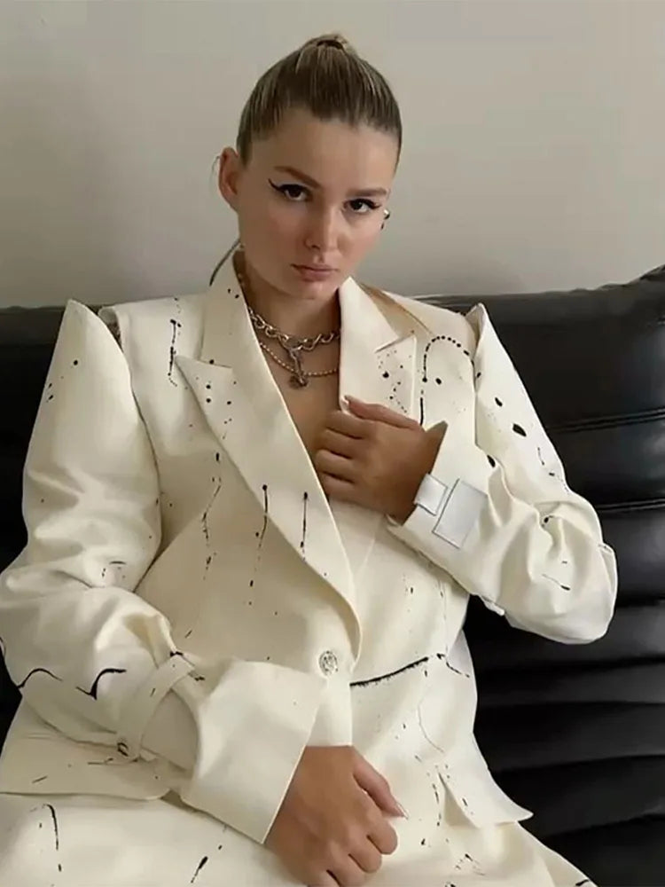 Print Cold Shoulder Long Sleeve Suit Jacket Women Fashion Turn-down Collar Single Breasted Pockets Blazers Locomotive Outerwear