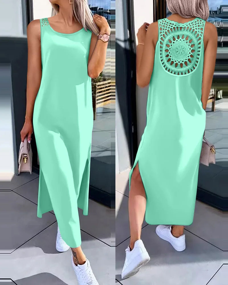 Spring Summer New Women's Clothing Solid Color V-neck Vest Back Lace Cutout Slit Casual Dress