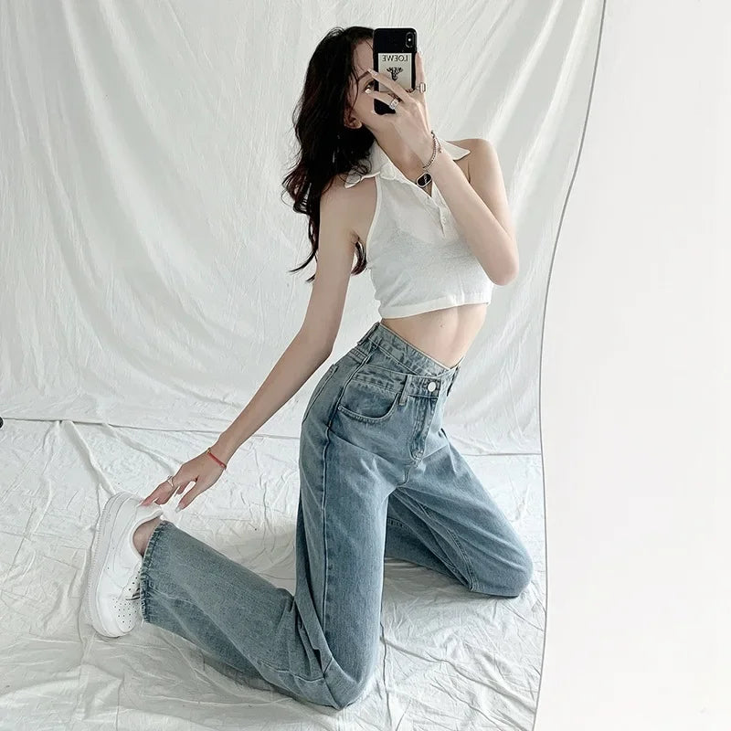 Design Sensibility High-Waisted Slimming Jeans Loose-Fit Straight-Leg Women's Korean Style Tie-Detail Wide-Leg Casual Trousers