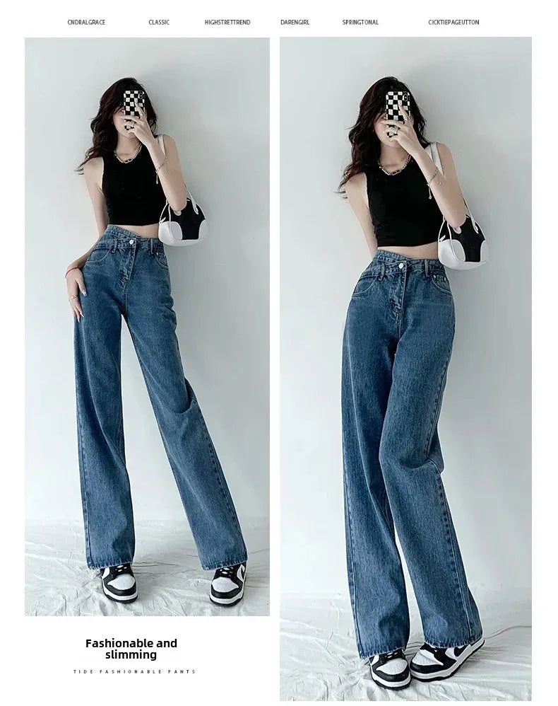 Design Sensibility High-Waisted Slimming Jeans Loose-Fit Straight-Leg Women's Korean Style Tie-Detail Wide-Leg Casual Trousers