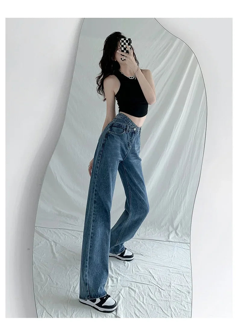 Design Sensibility High-Waisted Slimming Jeans Loose-Fit Straight-Leg Women's Korean Style Tie-Detail Wide-Leg Casual Trousers