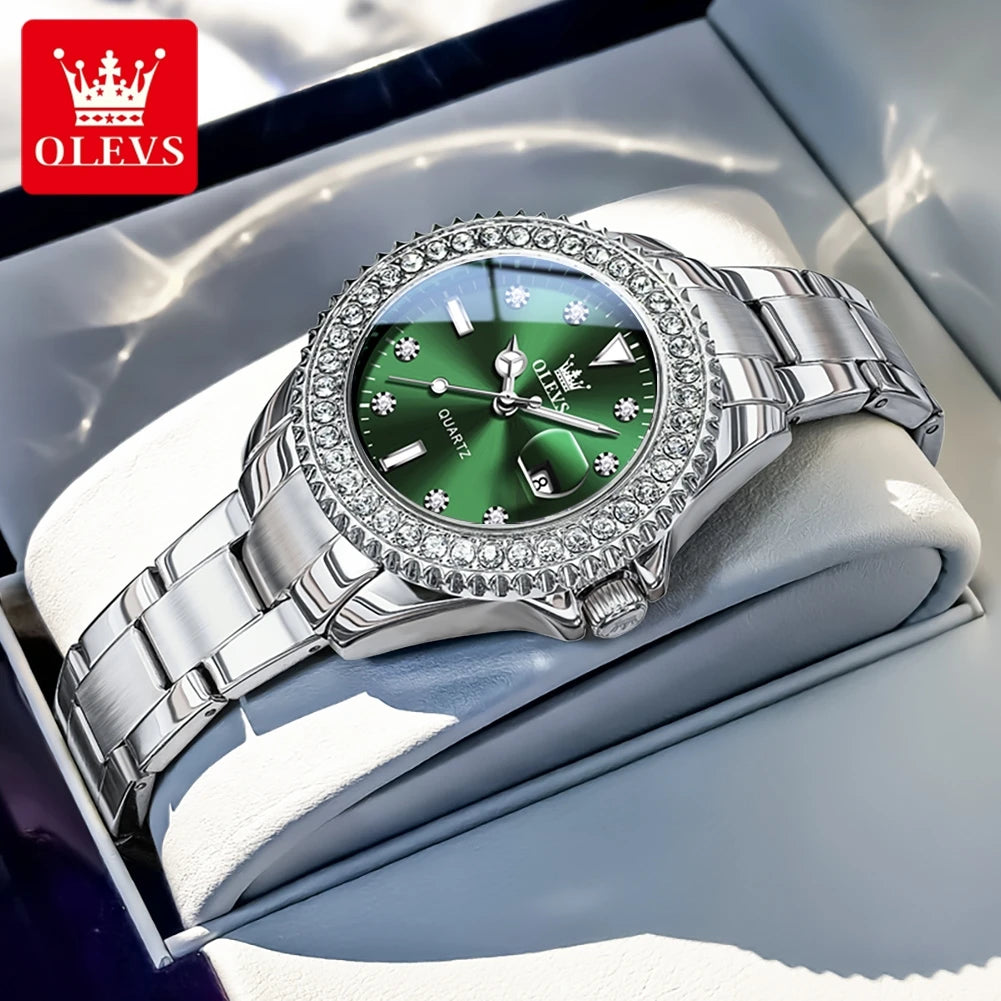 OLEVS Luxury Fashion Women's Watches Diamond Dial Luminous Quartz Watch Elegant Date Stainless Steel Original Brand Wrist Watch