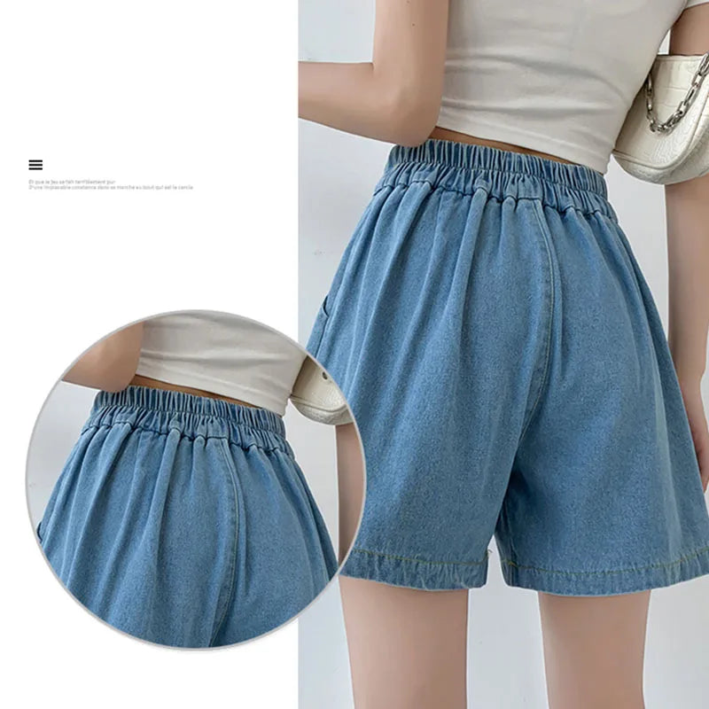 DFRCAEG 2024 Summer Plus Size Denim Shorts For Women High Elastic Waist Blue Or Sky Blue Pleated Mini Large Size Short Femme